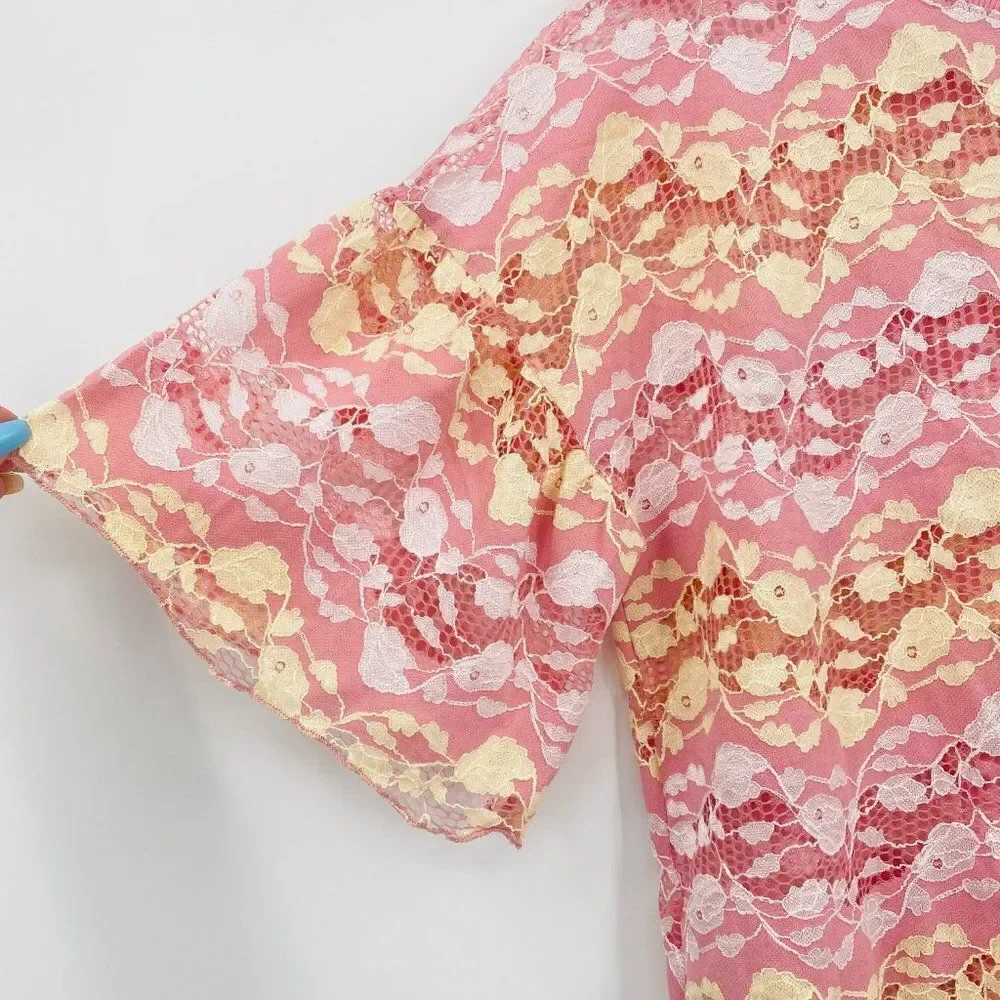NEW Zara Size Medium Pink Lemonade Floral Lace Boxy Cropped Top